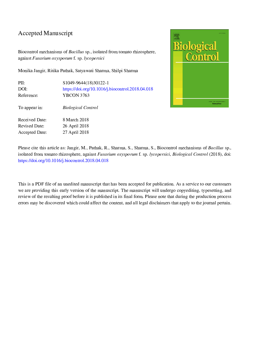 Biocontrol mechanisms of Bacillus sp., isolated from tomato rhizosphere, against Fusarium oxysporum f. sp. lycopersici