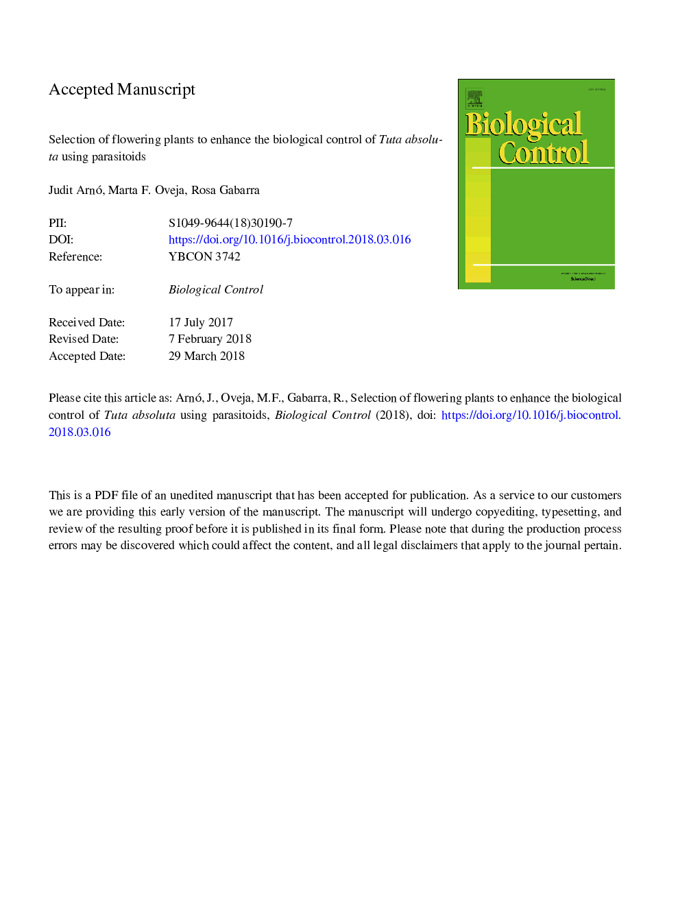 Selection of flowering plants to enhance the biological control of Tuta absoluta using parasitoids