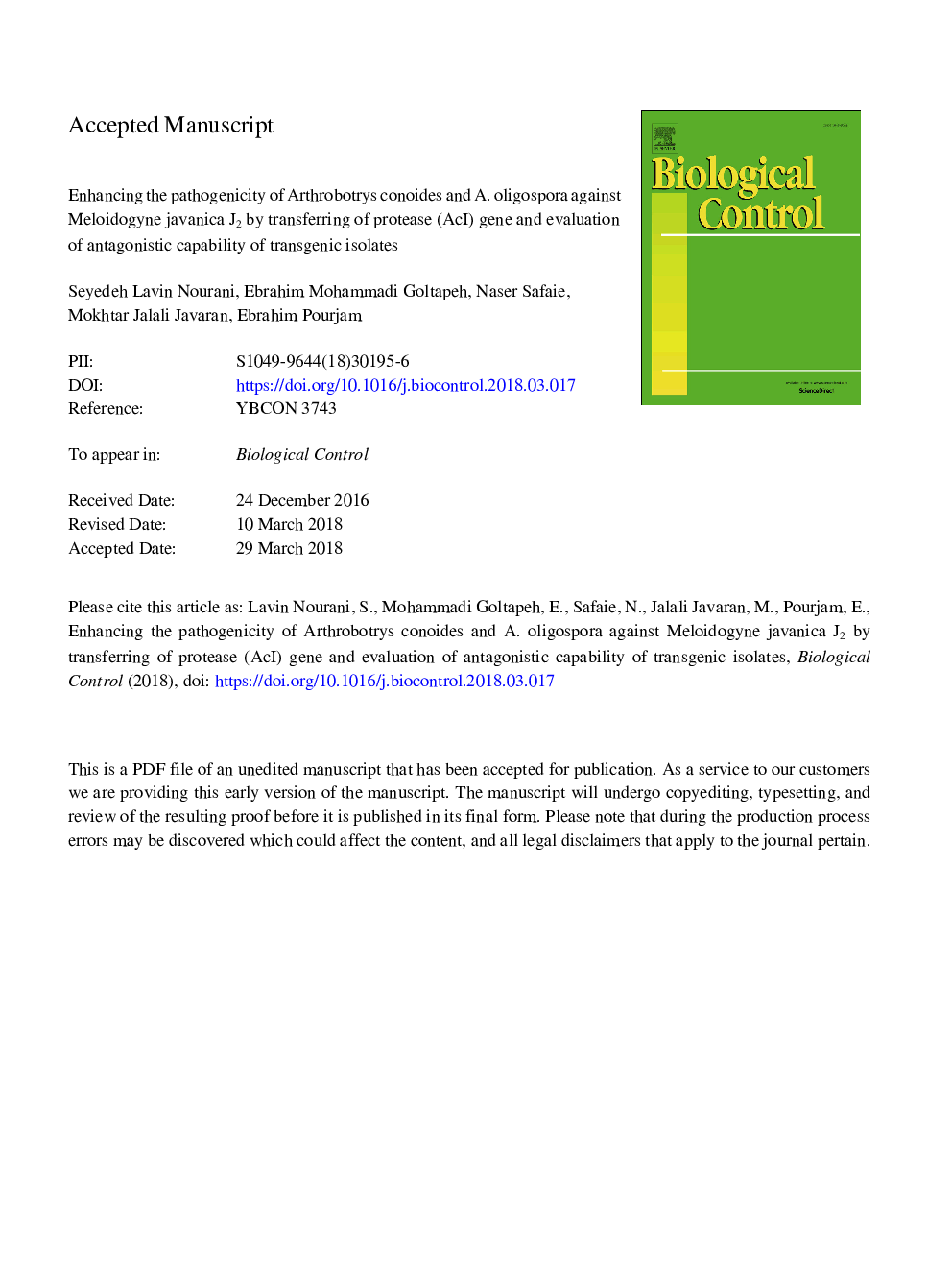 Enhancing the pathogenicity of Arthrobotrys conoides and A. oligospora against Meloidogyne javanica J2 by transferring of protease (Ac1) gene and evaluation of antagonistic capability of transgenic isolates