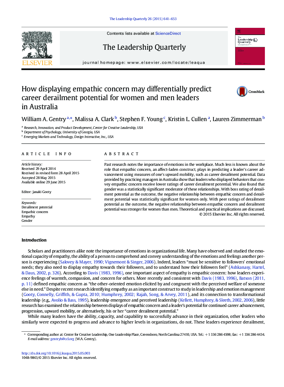 How displaying empathic concern may differentially predict career derailment potential for women and men leaders in Australia