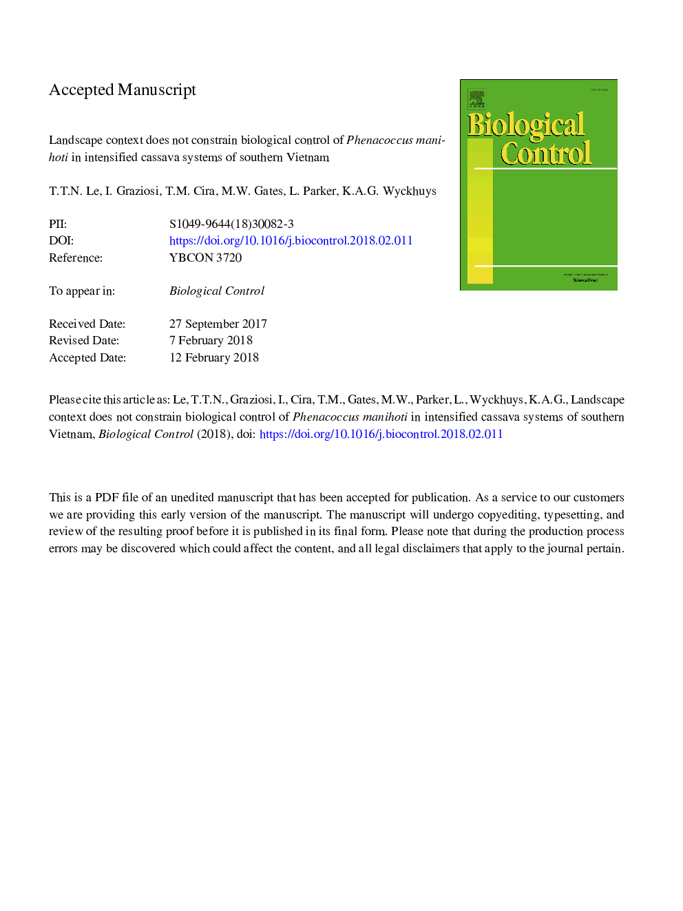 Landscape context does not constrain biological control of Phenacoccus manihoti in intensified cassava systems of southern Vietnam