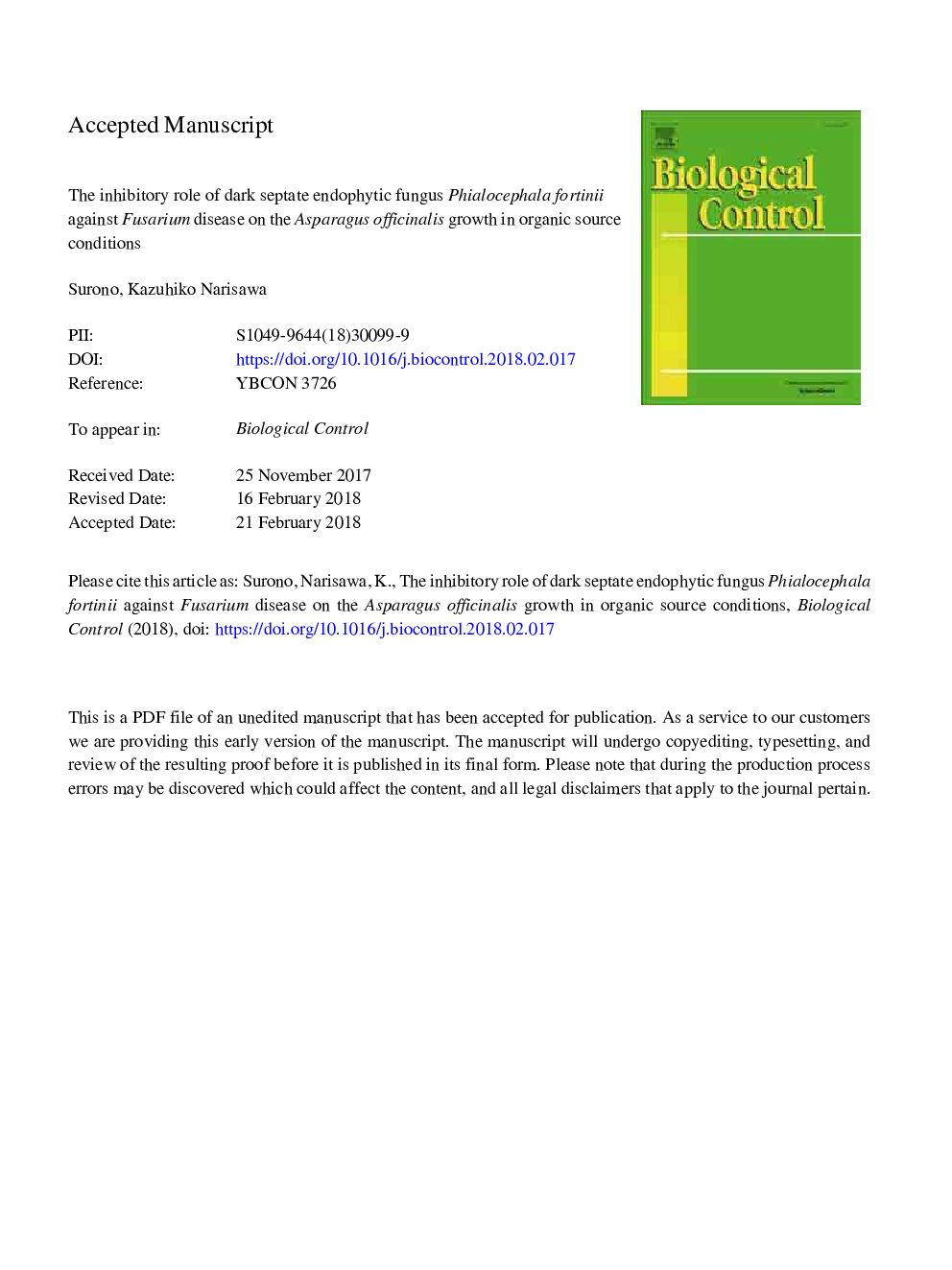 The inhibitory role of dark septate endophytic fungus Phialocephala fortinii against Fusarium disease on the Asparagus officinalis growth in organic source conditions