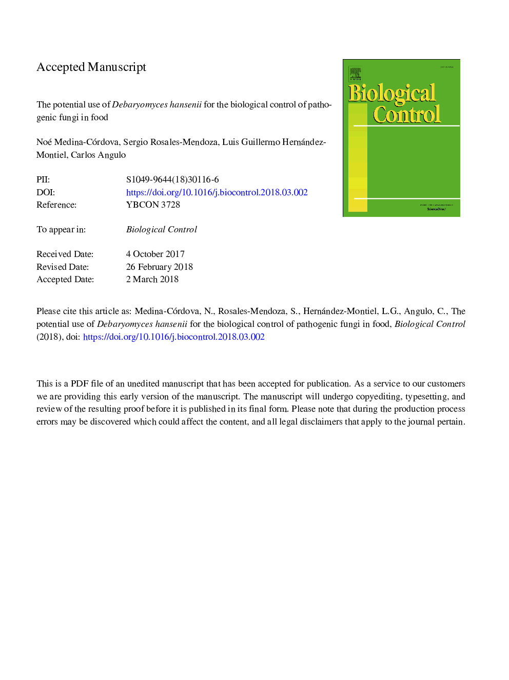 The potential use of Debaryomyces hansenii for the biological control of pathogenic fungi in food