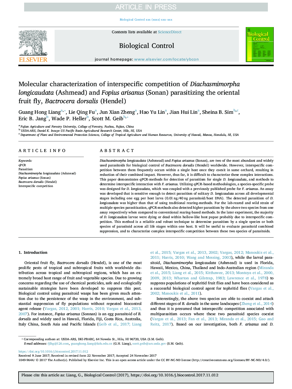 Molecular characterization of interspecific competition of Diachasmimorpha longicaudata (Ashmead) and Fopius arisanus (Sonan) parasitizing the oriental fruit fly, Bactrocera dorsalis (Hendel)