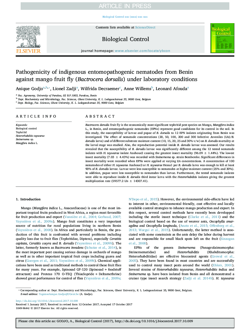 Pathogenicity of indigenous entomopathogenic nematodes from Benin against mango fruit fly (Bactrocera dorsalis) under laboratory conditions