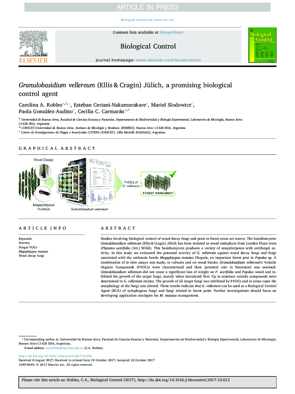 Granulobasidium vellereum (Ellis &Cragin) Jülich, a promising biological control agent