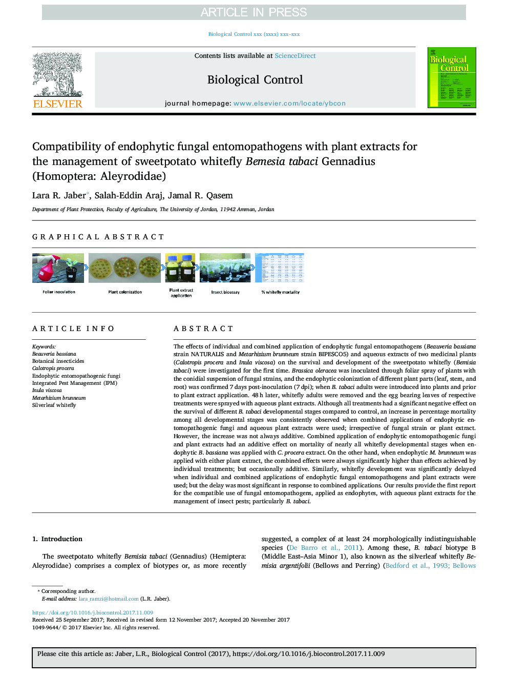 Compatibility of endophytic fungal entomopathogens with plant extracts for the management of sweetpotato whitefly Bemesia tabaci Gennadius (Homoptera: Aleyrodidae)