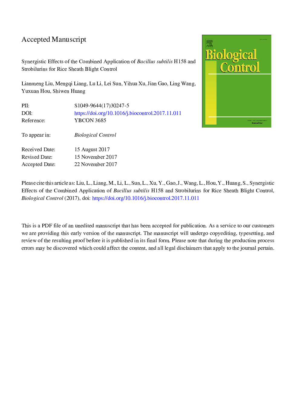 Synergistic effects of the combined application of Bacillus subtilis H158 and strobilurins for rice sheath blight control