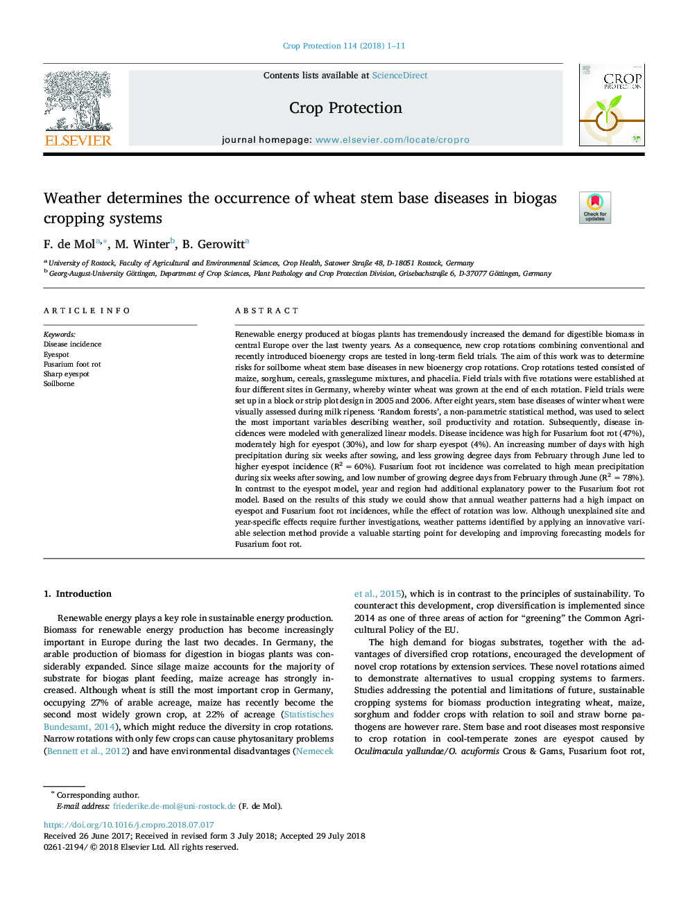 Weather determines the occurrence of wheat stem base diseases in biogas cropping systems