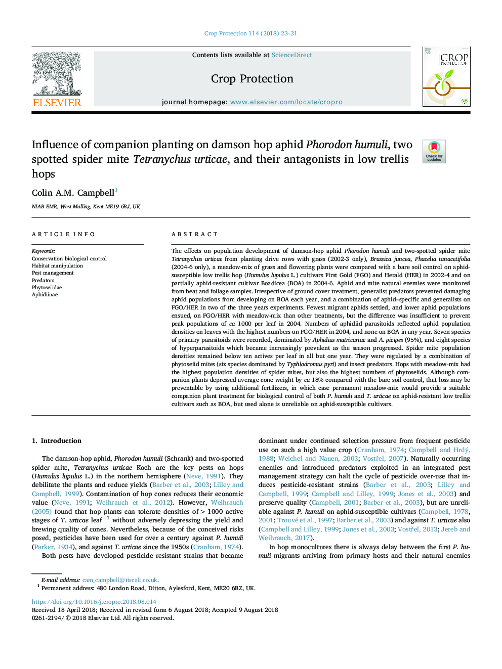 Influence of companion planting on damson hop aphid Phorodon humuli, two spotted spider mite Tetranychus urticae, and their antagonists in low trellis hops