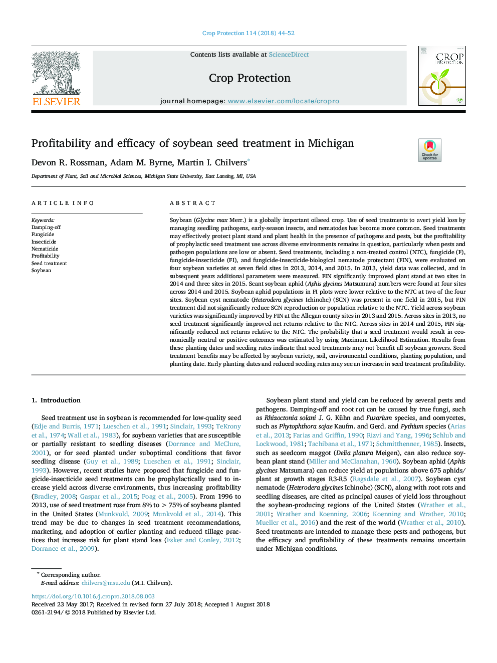 Profitability and efficacy of soybean seed treatment in Michigan