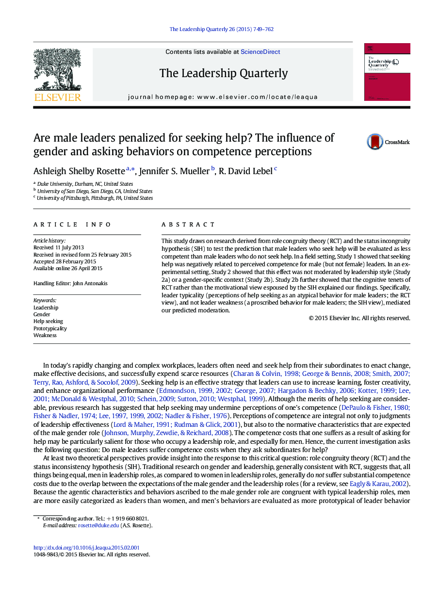 Are male leaders penalized for seeking help? The influence of gender and asking behaviors on competence perceptions