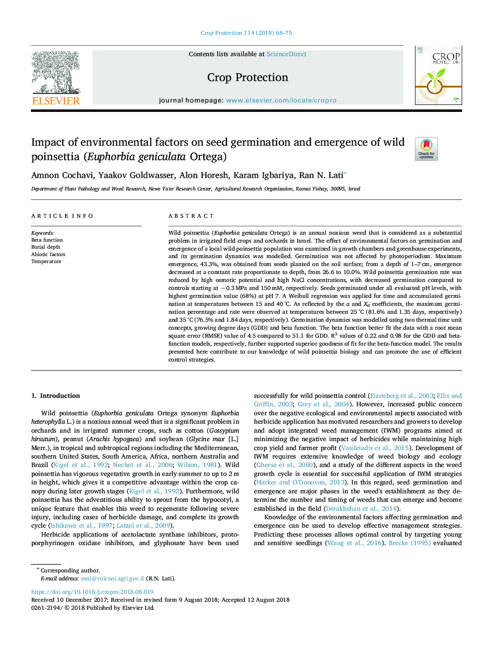 Impact of environmental factors on seed germination and emergence of wild poinsettia (Euphorbia geniculata Ortega)