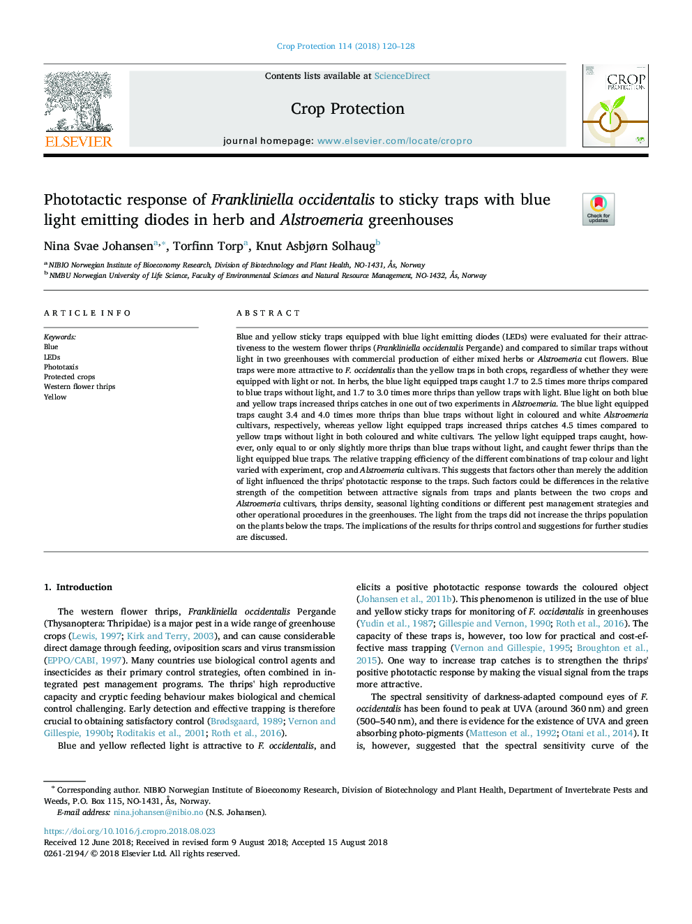 Phototactic response of Frankliniella occidentalis to sticky traps with blue light emitting diodes in herb and Alstroemeria greenhouses