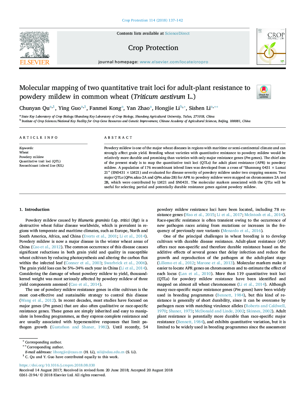 Molecular mapping of two quantitative trait loci for adult-plant resistance to powdery mildew in common wheat (Triticum aestivum L.)