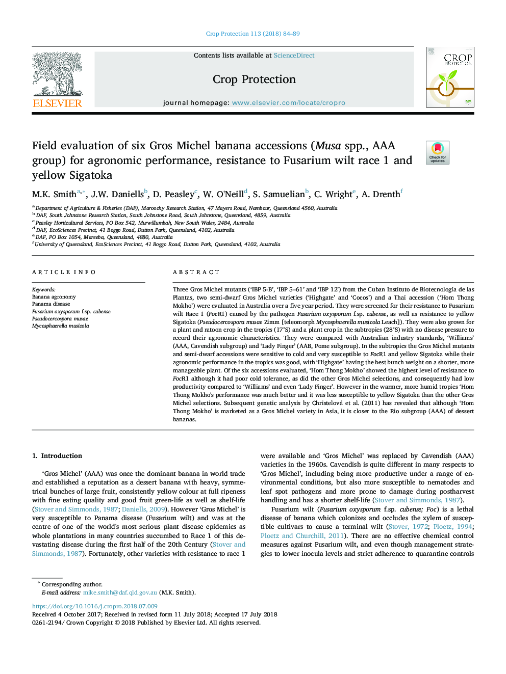 Field evaluation of six Gros Michel banana accessions (Musa spp., AAA group) for agronomic performance, resistance to Fusarium wilt race 1 and yellow Sigatoka