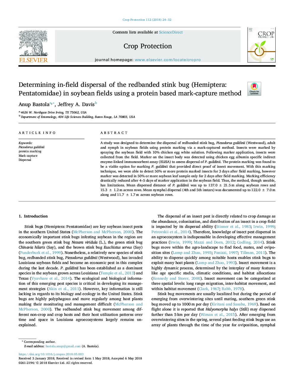 عکس صفحه اول مقاله: Determining in-field dispersal of the redbanded stink bug (Hemiptera: Pentatomidae) in soybean fields using a protein based mark-capture method Determining in-field dispersal of the redbanded stink bug (Hemiptera: Pentatomidae) in soybean fields using a protein based mark-capture method