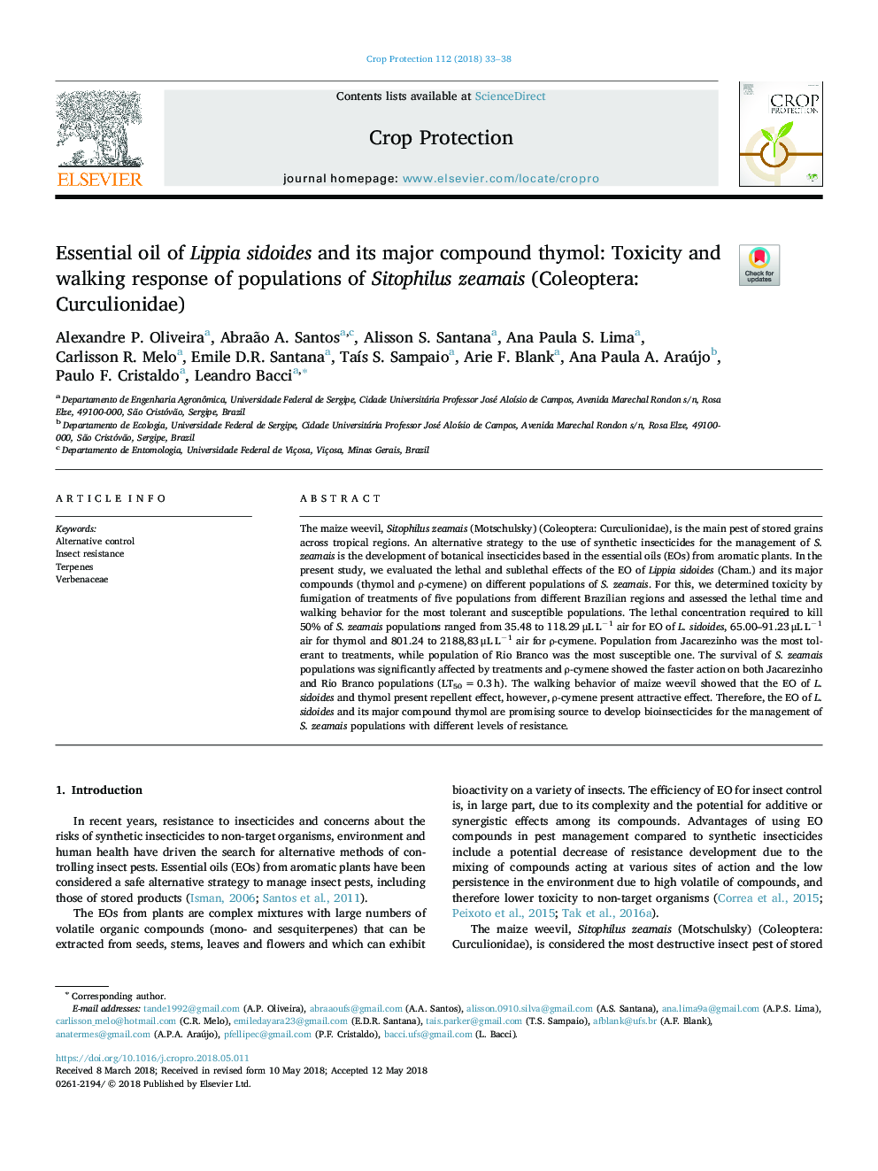 Essential oil of Lippia sidoides and its major compound thymol: Toxicity and walking response of populations of Sitophilus zeamais (Coleoptera: Curculionidae)