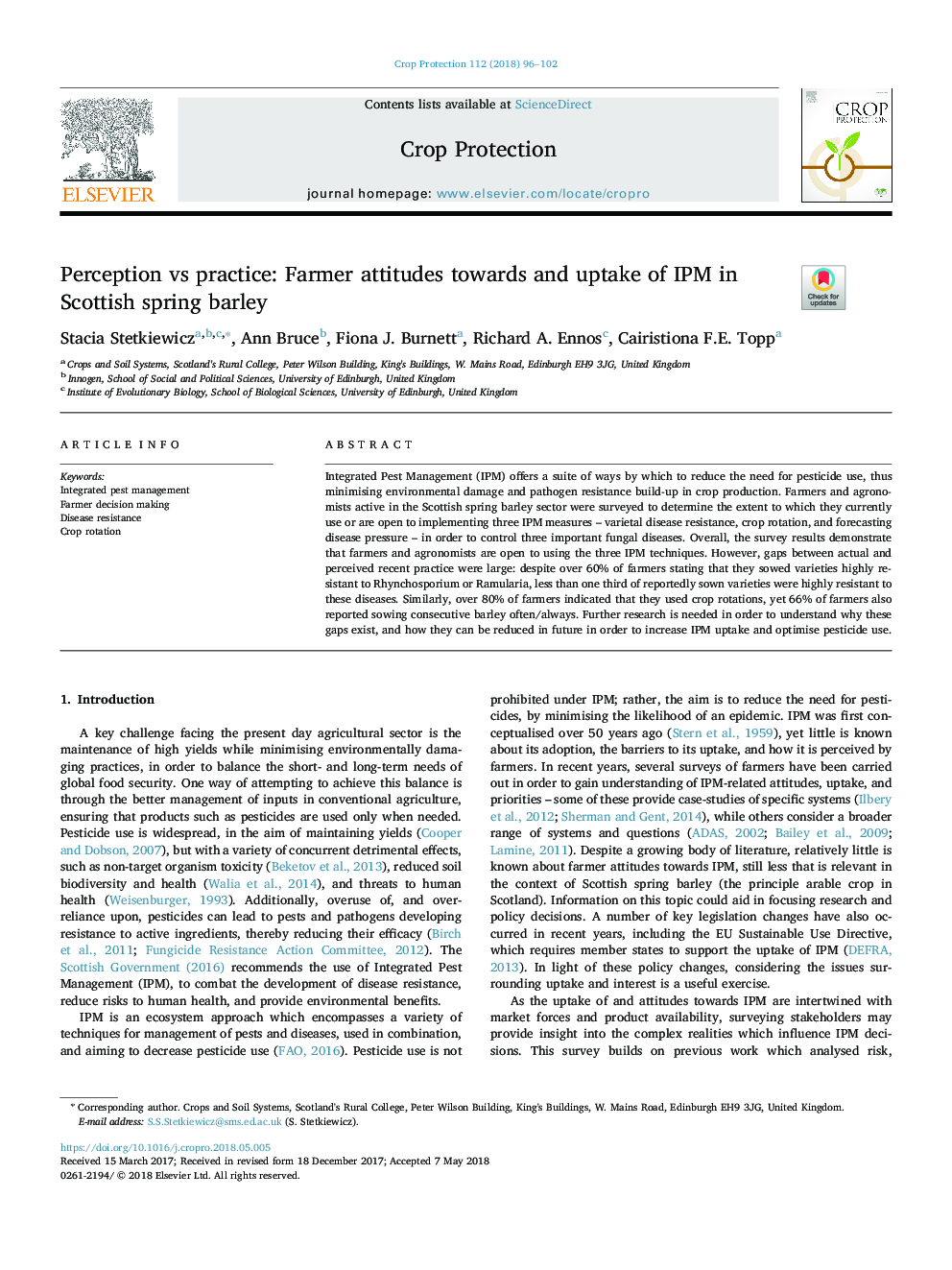 Perception vs practice: Farmer attitudes towards and uptake of IPM in Scottish spring barley