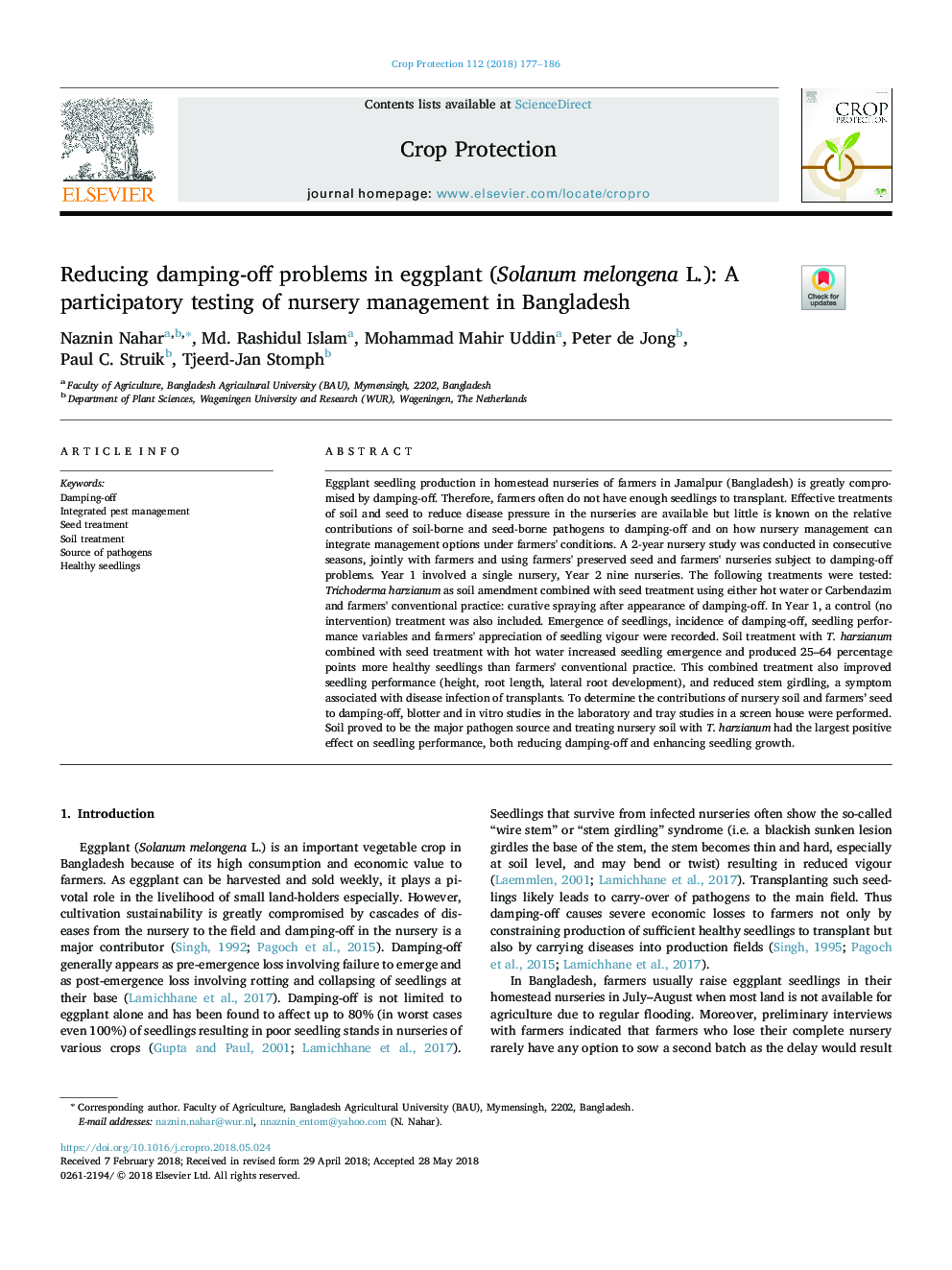 عکس صفحه اول مقاله: Reducing damping-off problems in eggplant (Solanum melongena L.): A participatory testing of nursery management in Bangladesh Reducing damping-off problems in eggplant (Solanum melongena L.): A participatory testing of nursery management in Bangladesh