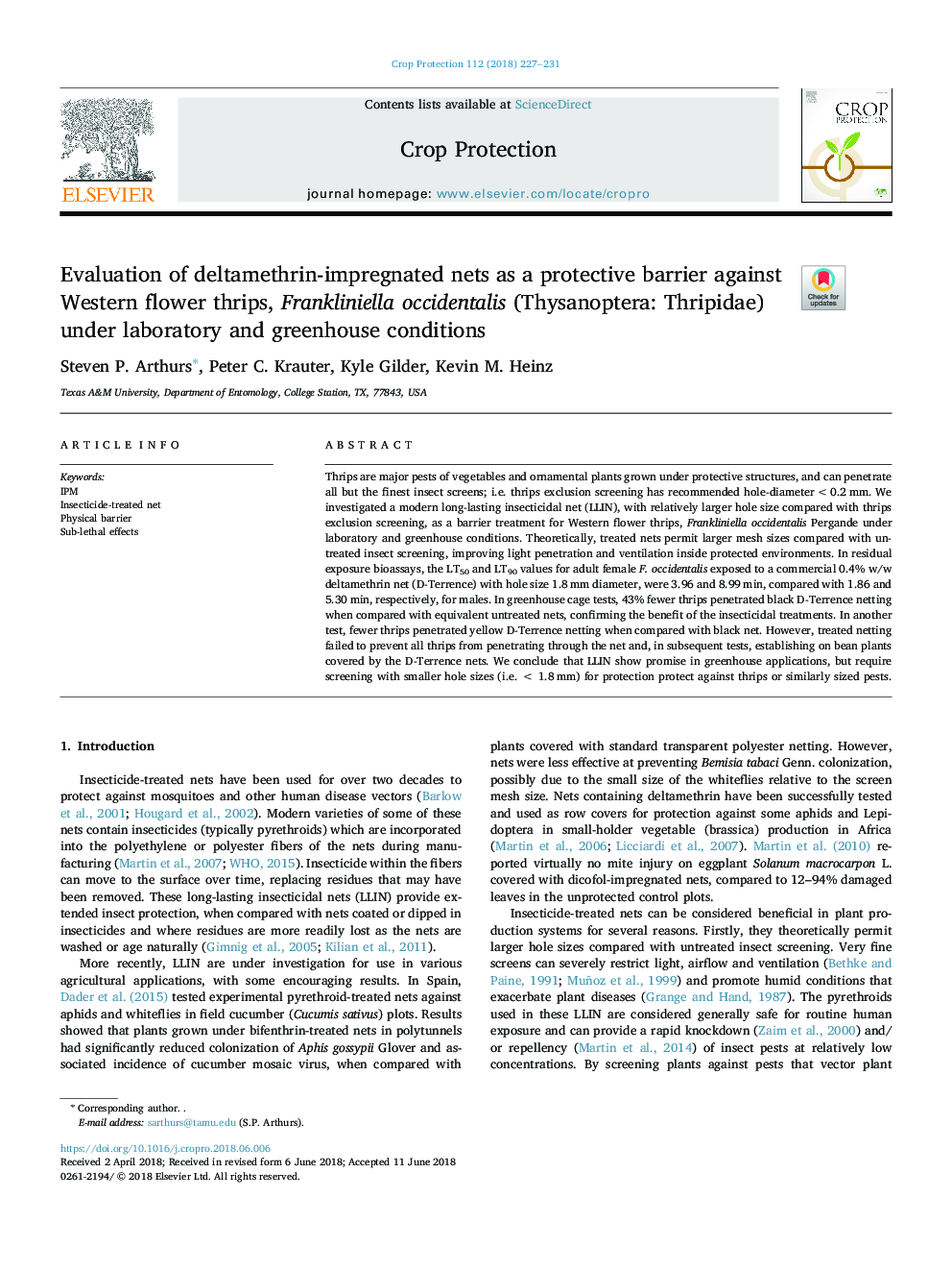 عکس صفحه اول مقاله: Evaluation of deltamethrin-impregnated nets as a protective barrier against Western flower thrips, Frankliniella occidentalis (Thysanoptera: Thripidae) under laboratory and greenhouse conditions Evaluation of deltamethrin-impregnated nets as a protective barrier against Western flower thrips, Frankliniella occidentalis (Thysanoptera: Thripidae) under laboratory and greenhouse conditions