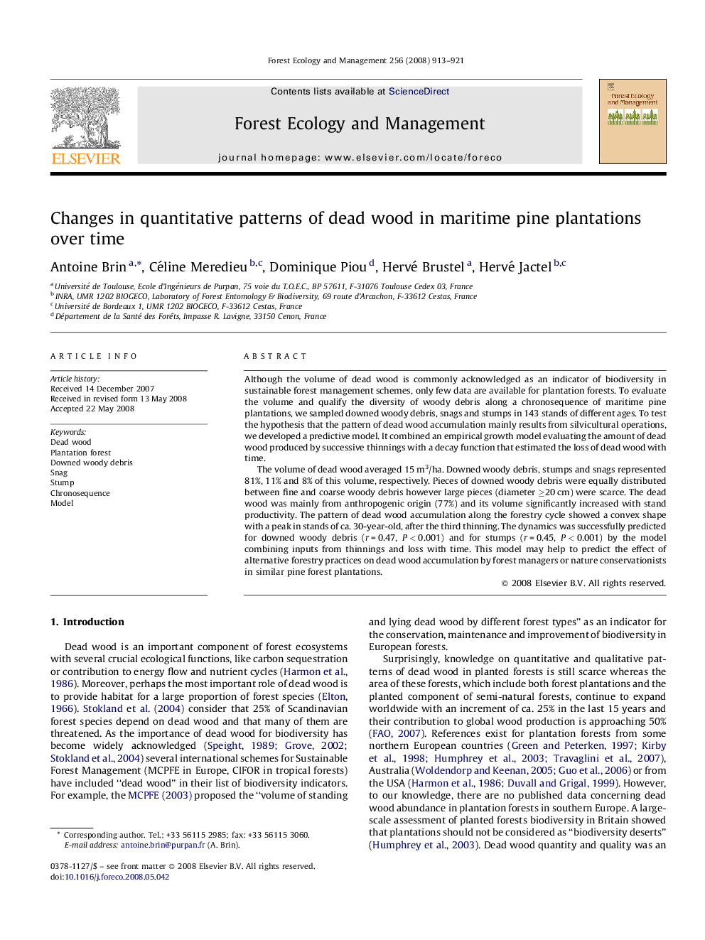 Changes in quantitative patterns of dead wood in maritime pine plantations over time