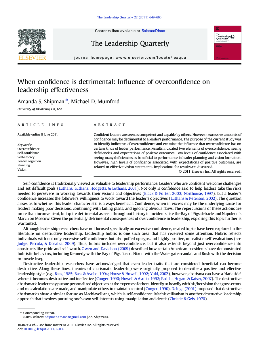 When confidence is detrimental: Influence of overconfidence on leadership effectiveness