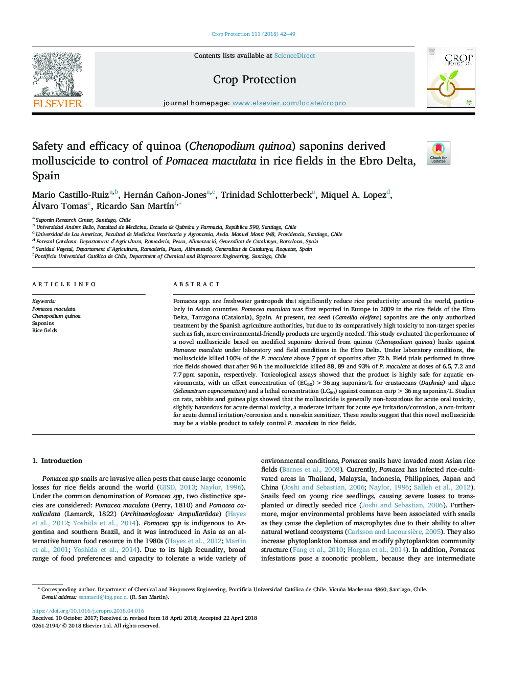 Safety and efficacy of quinoa (Chenopodium quinoa) saponins derived molluscicide to control of Pomacea maculata in rice fields in the Ebro Delta, Spain