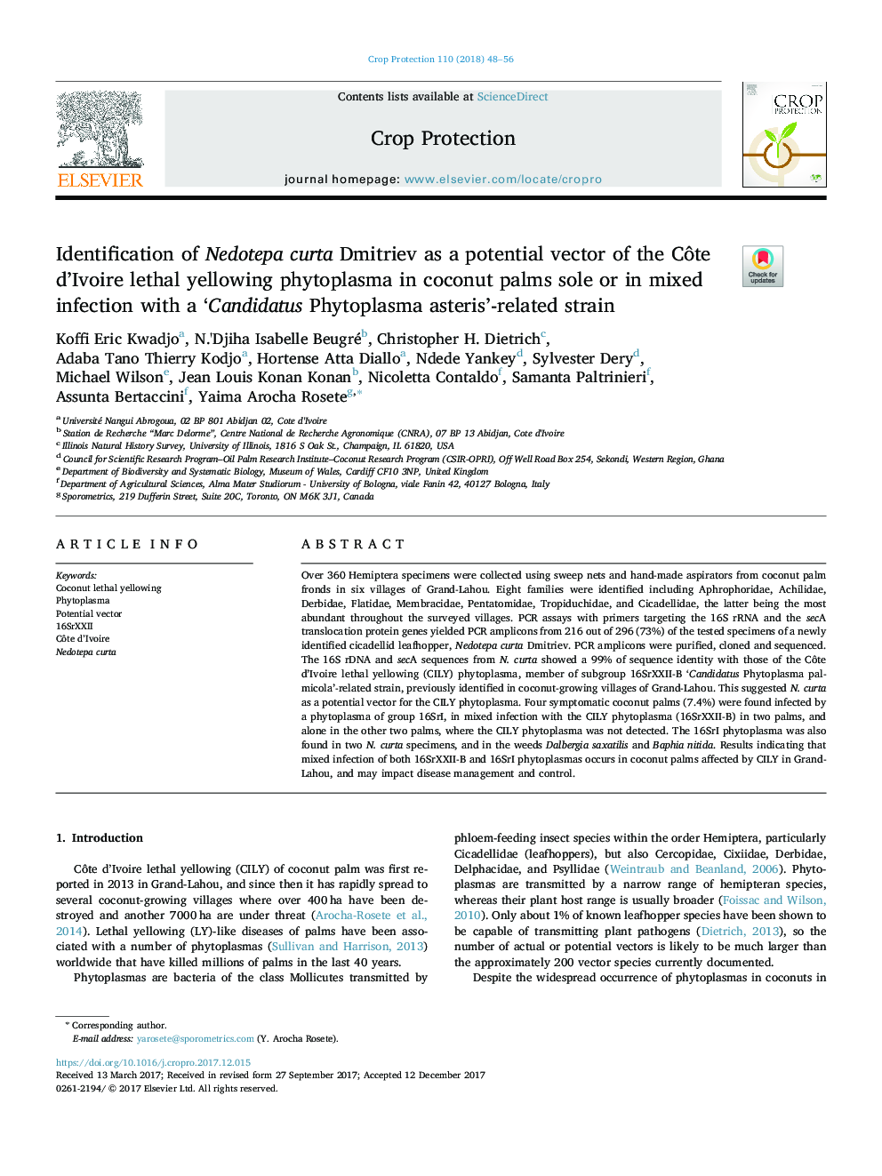 Identification of Nedotepa curta Dmitriev as a potential vector of the CÃ´te d'Ivoire lethal yellowing phytoplasma in coconut palms sole or in mixed infection with a 'Candidatus Phytoplasma asteris'-related strain