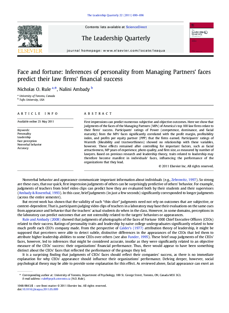 Face and fortune: Inferences of personality from Managing Partners' faces predict their law firms' financial success