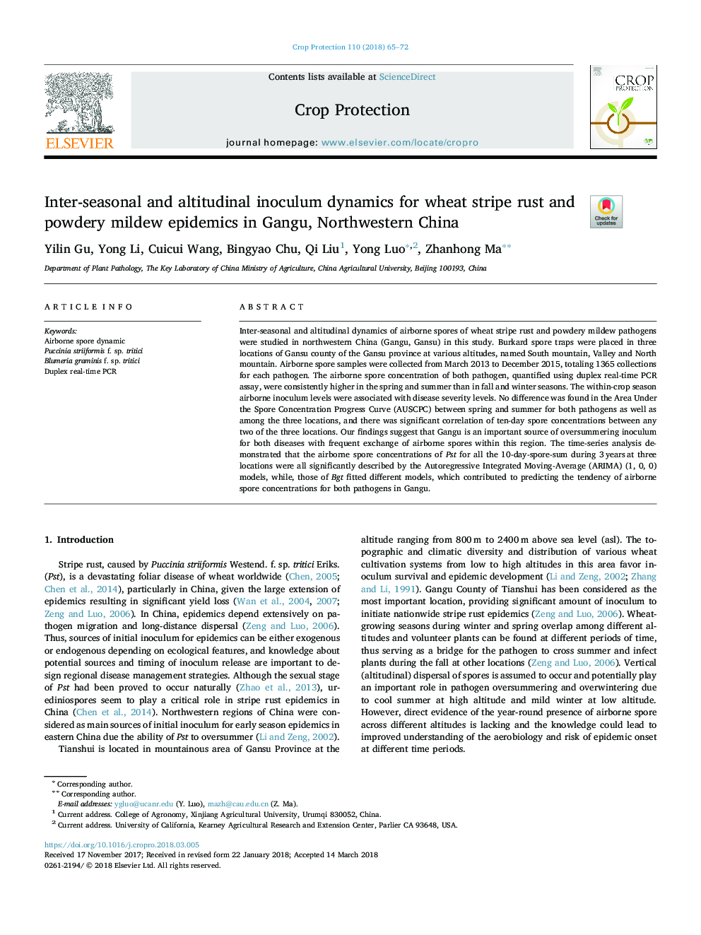 Inter-seasonal and altitudinal inoculum dynamics for wheat stripe rust and powdery mildew epidemics in Gangu, Northwestern China