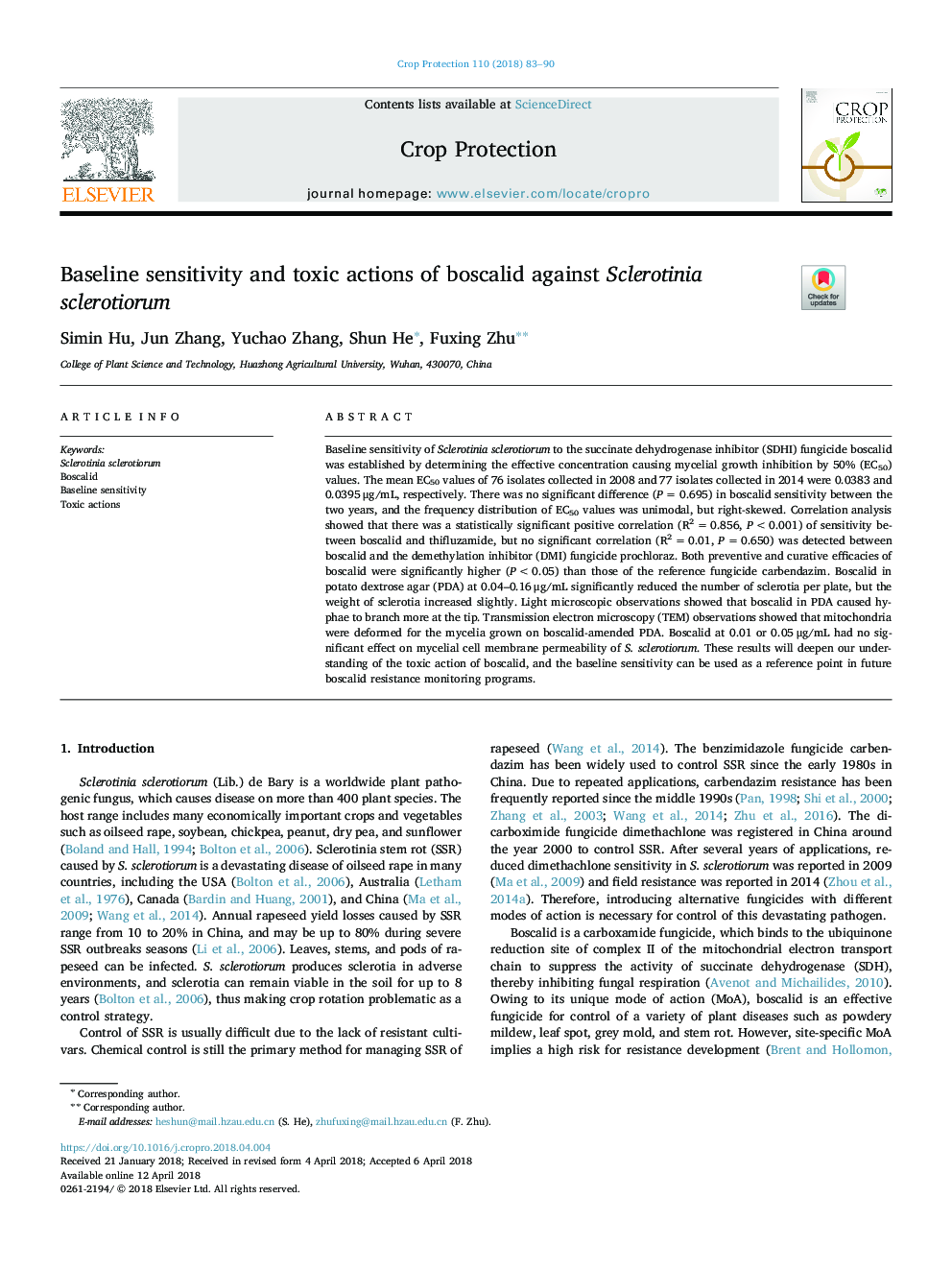 Baseline sensitivity and toxic actions of boscalid against Sclerotinia sclerotiorum