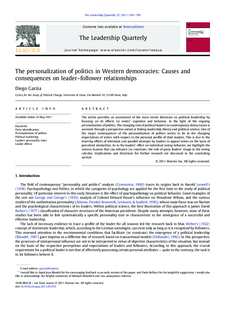 The personalization of politics in Western democracies: Causes and consequences on leader–follower relationships