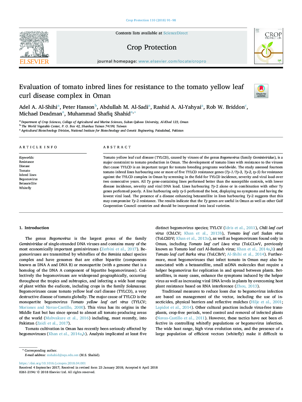 Evaluation of tomato inbred lines for resistance to the tomato yellow leaf curl disease complex in Oman