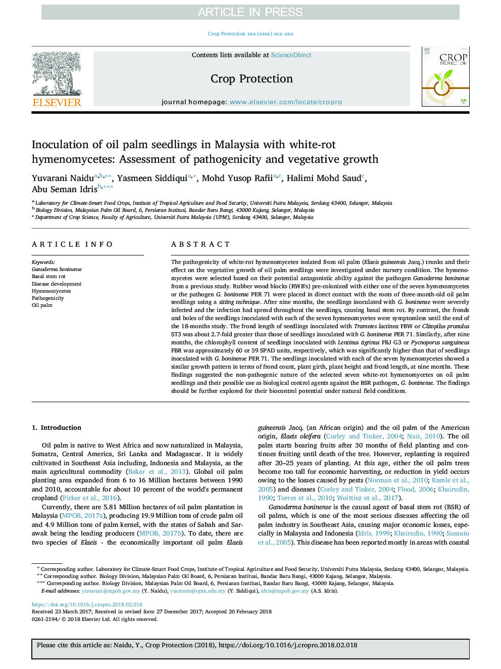 Inoculation of oil palm seedlings in Malaysia with white-rot hymenomycetes: Assessment of pathogenicity and vegetative growth