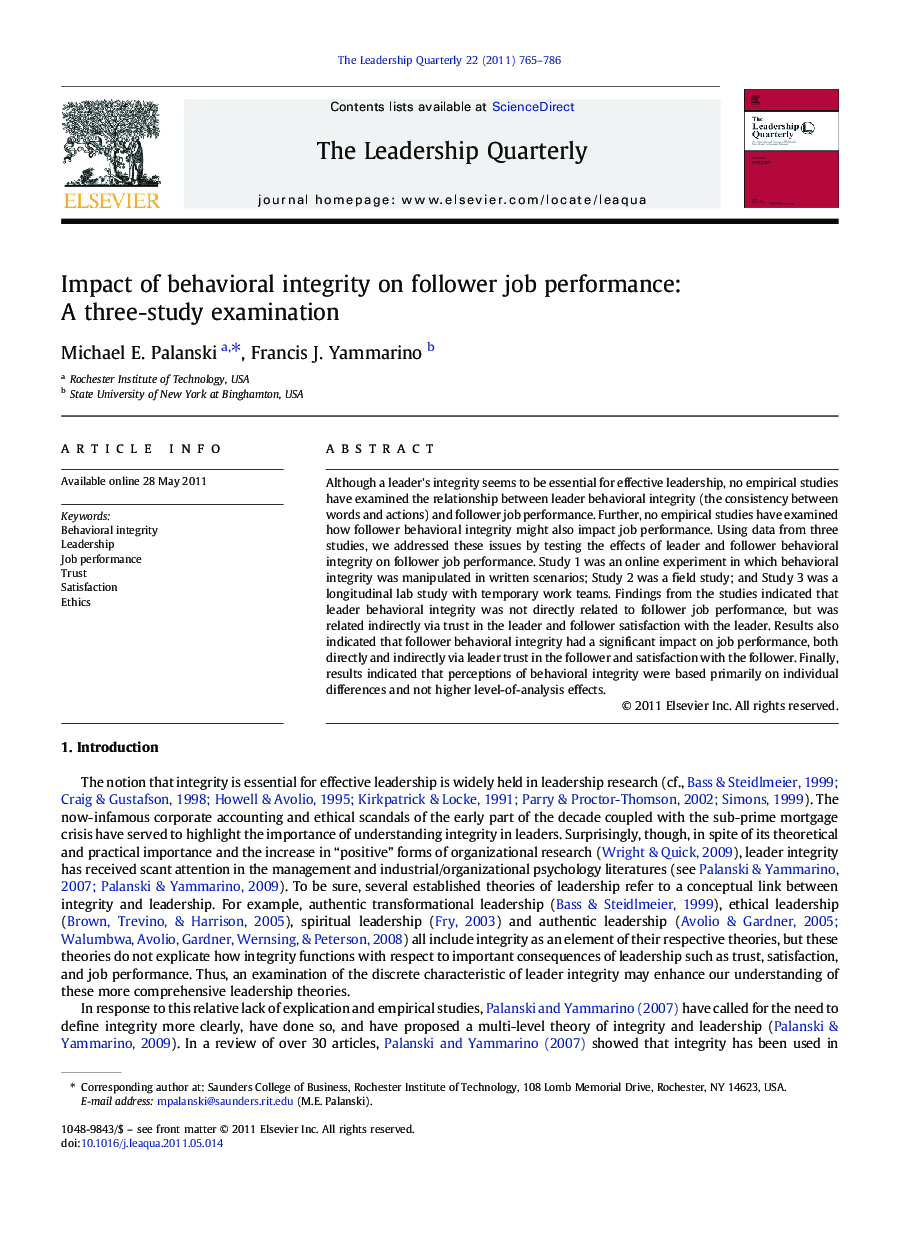 Impact of behavioral integrity on follower job performance: A three-study examination