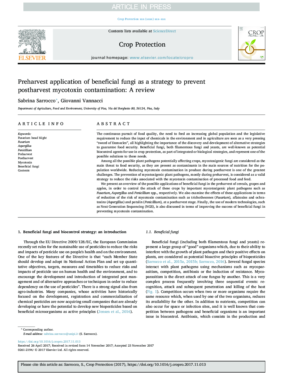 Preharvest application of beneficial fungi as a strategy to prevent postharvest mycotoxin contamination: A review