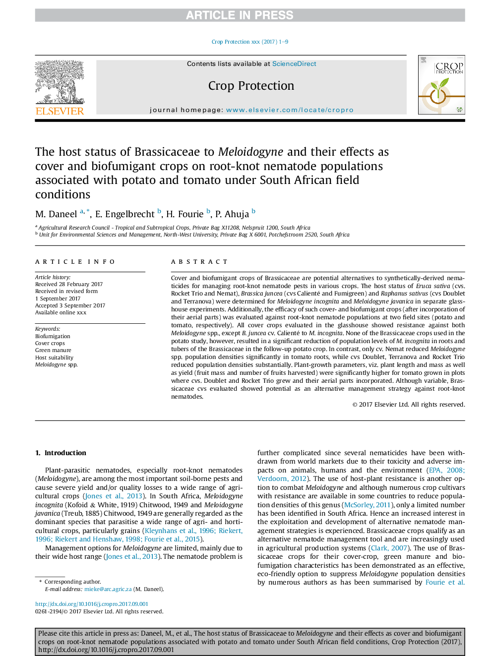 The host status of Brassicaceae to Meloidogyne and their effects as cover and biofumigant crops on root-knot nematode populations associated with potato and tomato under South African field conditions