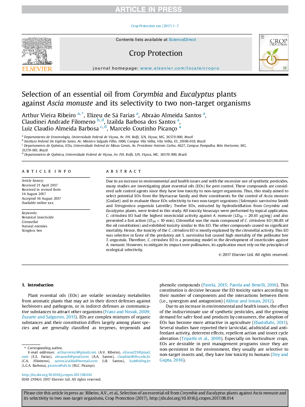 Selection of an essential oil from Corymbia and Eucalyptus plants against Ascia monuste and its selectivity to two non-target organisms