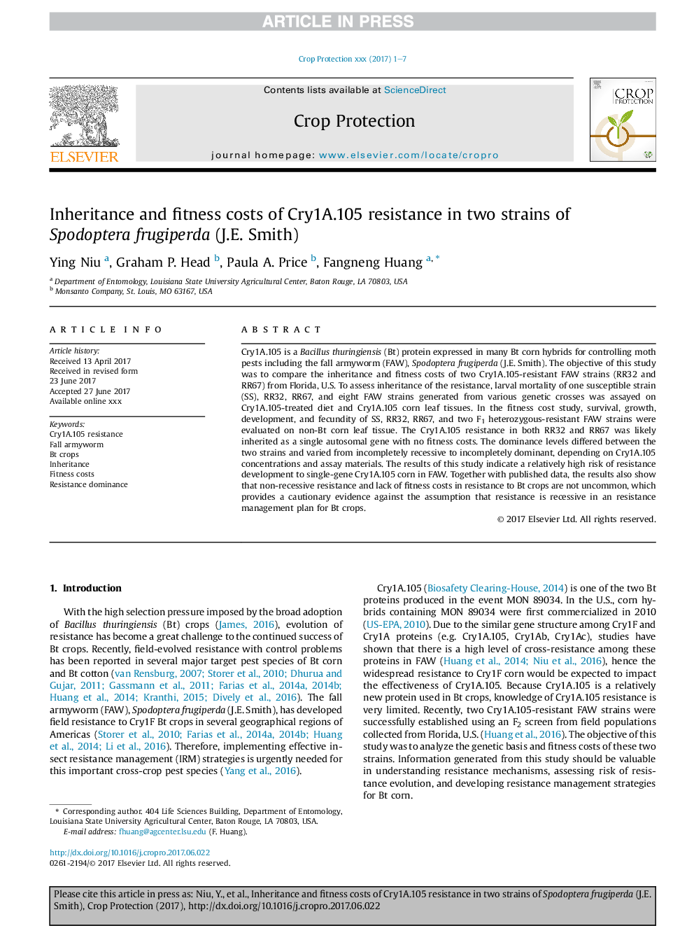 Inheritance and fitness costs of Cry1A.105 resistance in two strains of Spodoptera frugiperda (J.E. Smith)