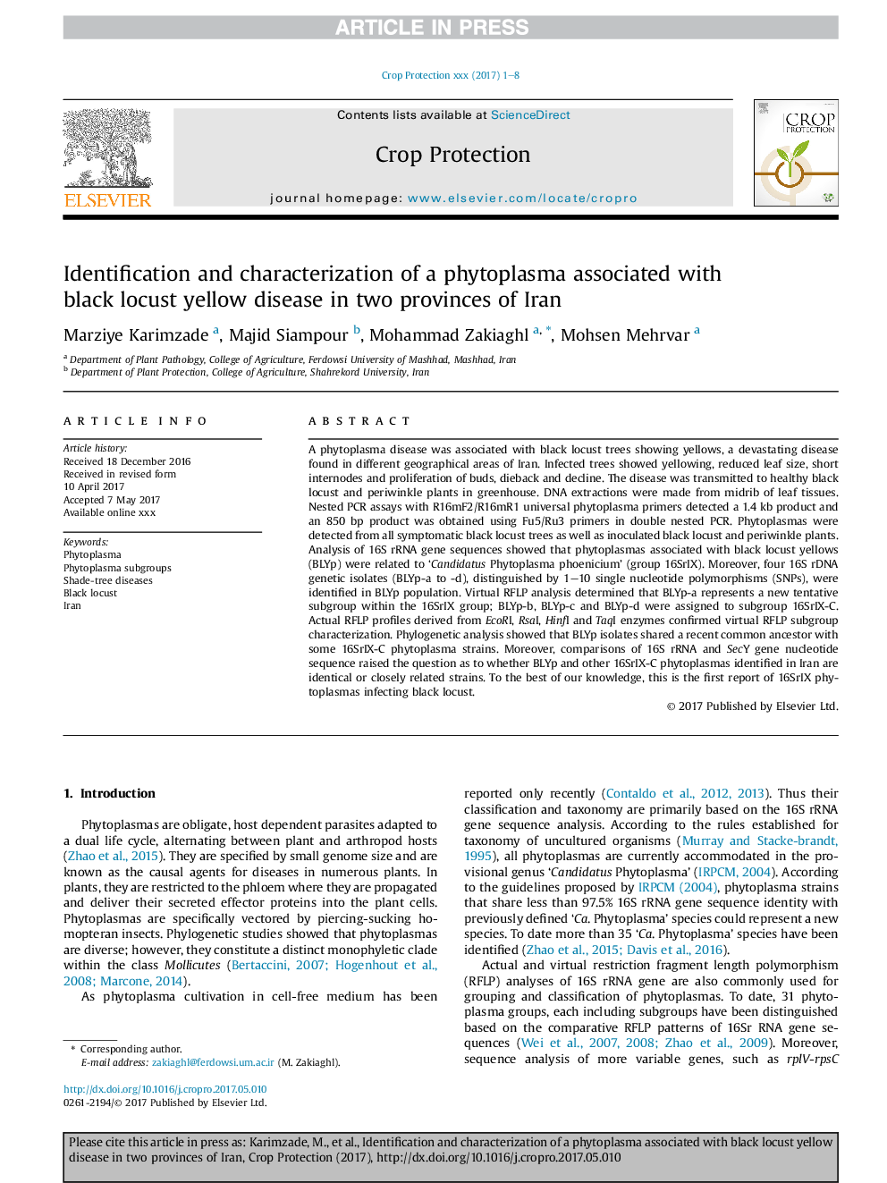 Identification and characterization of a phytoplasma associated with black locust yellow disease in two provinces of Iran