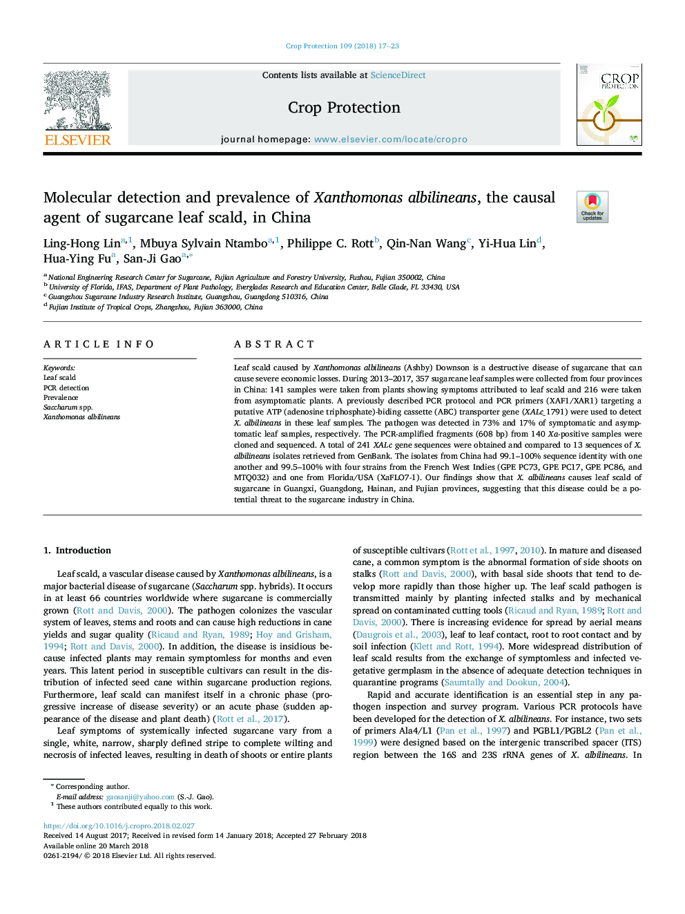 Molecular detection and prevalence of Xanthomonas albilineans, the causal agent of sugarcane leaf scald, in China