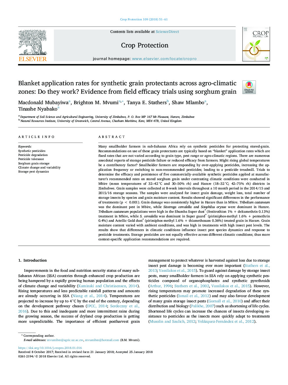 Blanket application rates for synthetic grain protectants across agro-climatic zones: Do they work? Evidence from field efficacy trials using sorghum grain