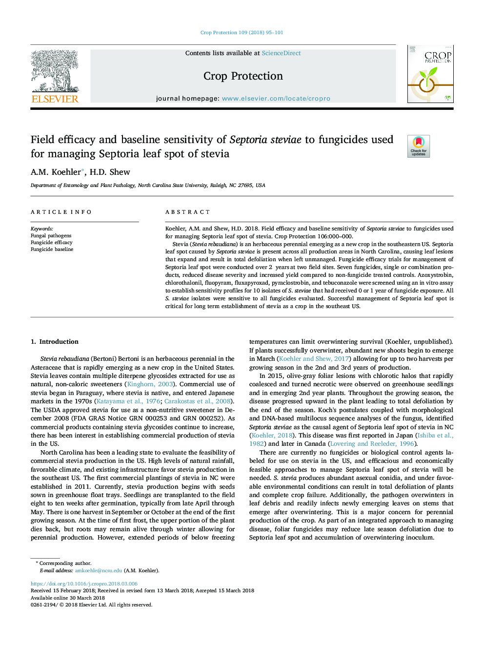 Field efficacy and baseline sensitivity of Septoria steviae to fungicides used for managing Septoria leaf spot of stevia