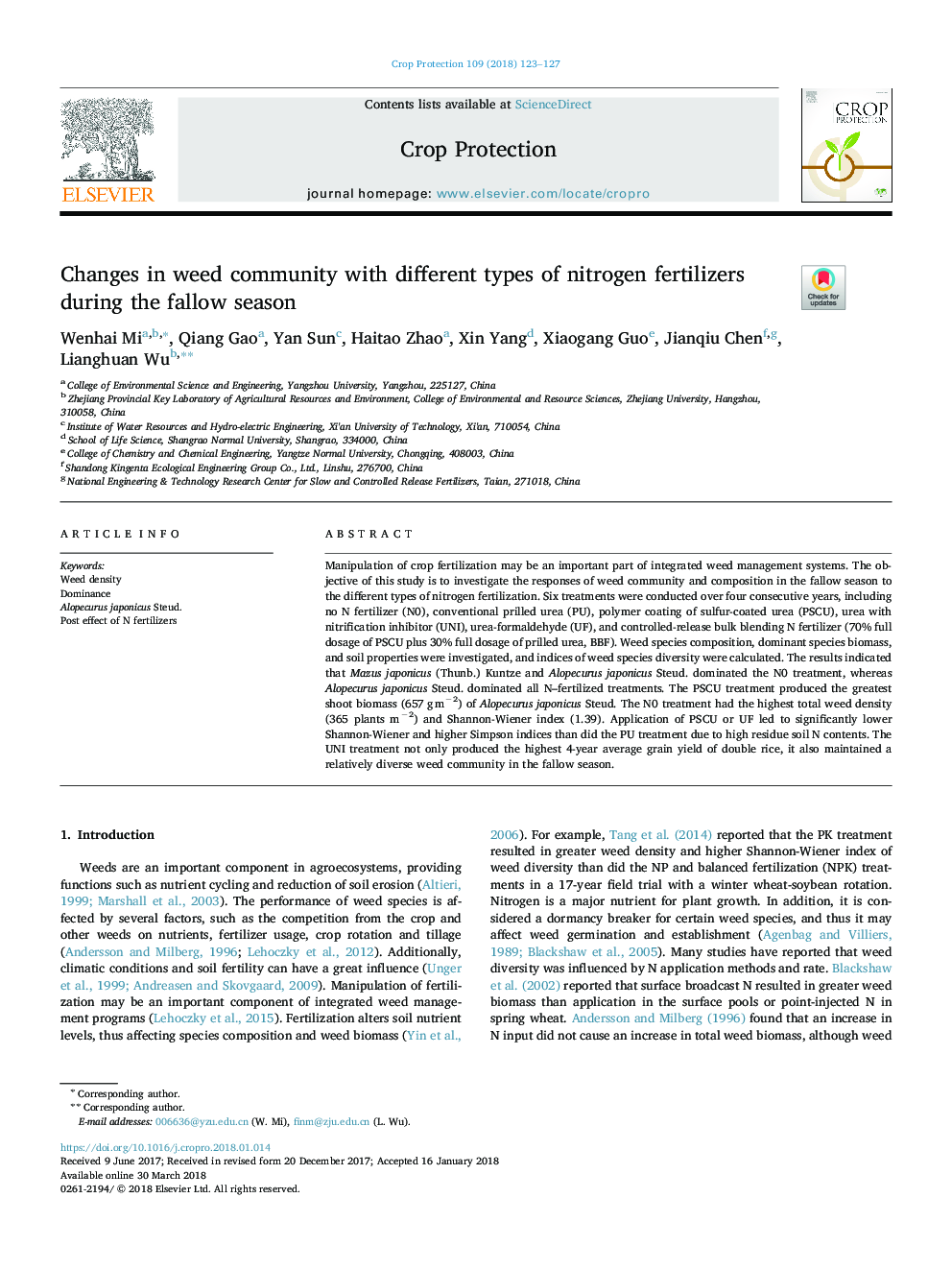 Changes in weed community with different types of nitrogen fertilizers during the fallow season