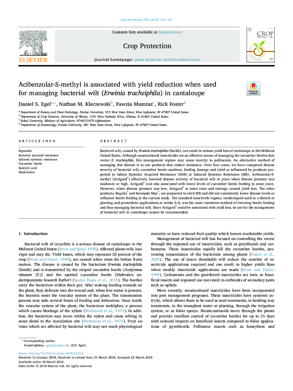 Acibenzolar-S-methyl is associated with yield reduction when used for managing bacterial wilt (Erwinia tracheiphila) in cantaloupe