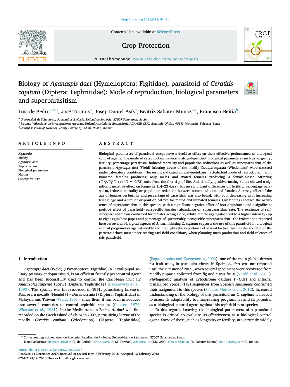 Biology of Aganaspis daci (Hymenoptera: Figitidae), parasitoid of Ceratitis capitata (Diptera: Tephritidae): Mode of reproduction, biological parameters and superparasitism