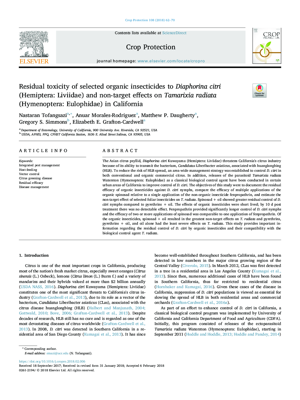 Residual toxicity of selected organic insecticides to Diaphorina citri (Hemiptera: Liviidae) and non-target effects on Tamarixia radiata (Hymenoptera: Eulophidae) in California