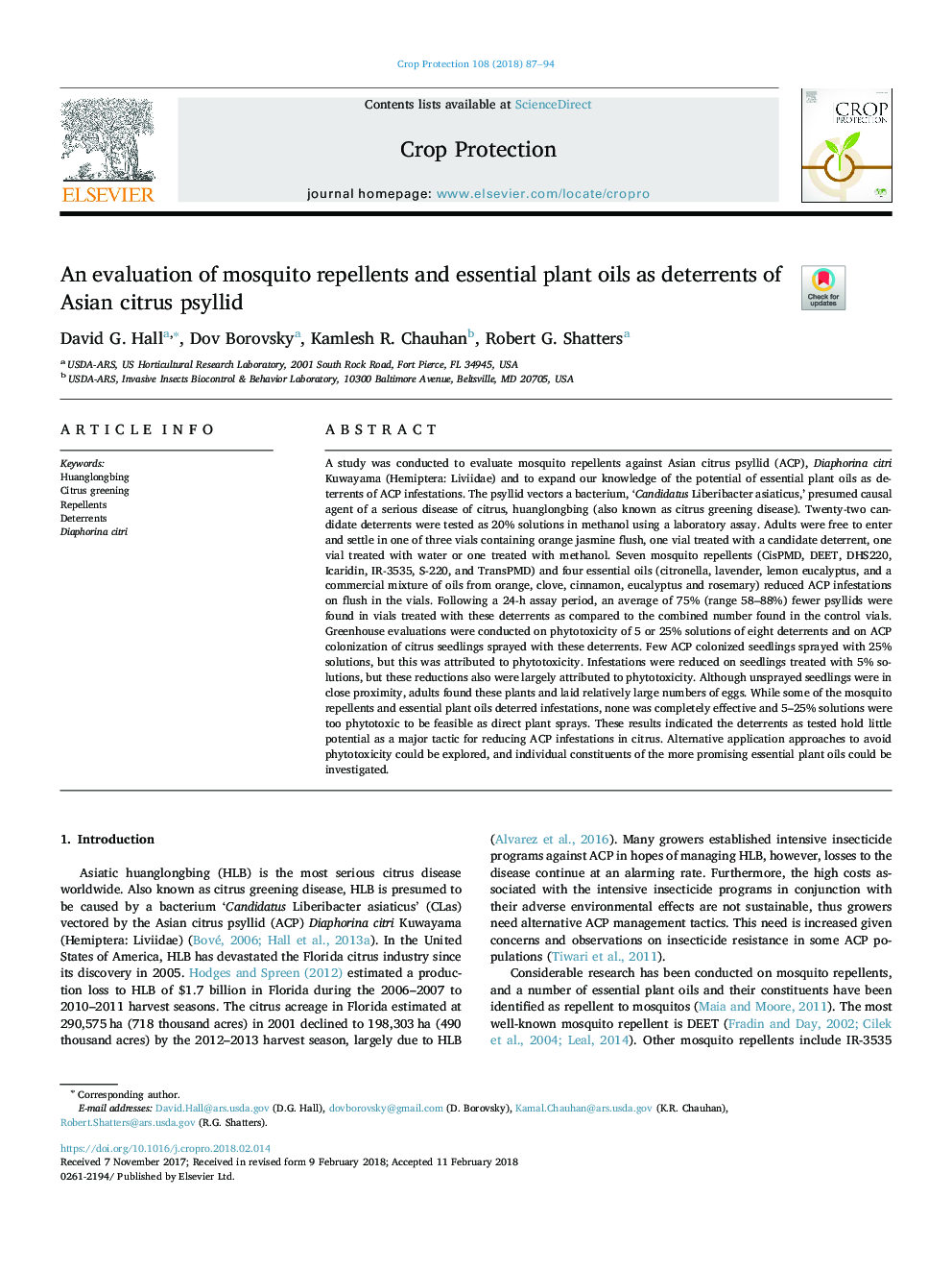 An evaluation of mosquito repellents and essential plant oils as deterrents of Asian citrus psyllid