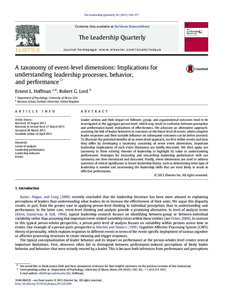 A taxonomy of event-level dimensions: Implications for understanding leadership processes, behavior, and performance 